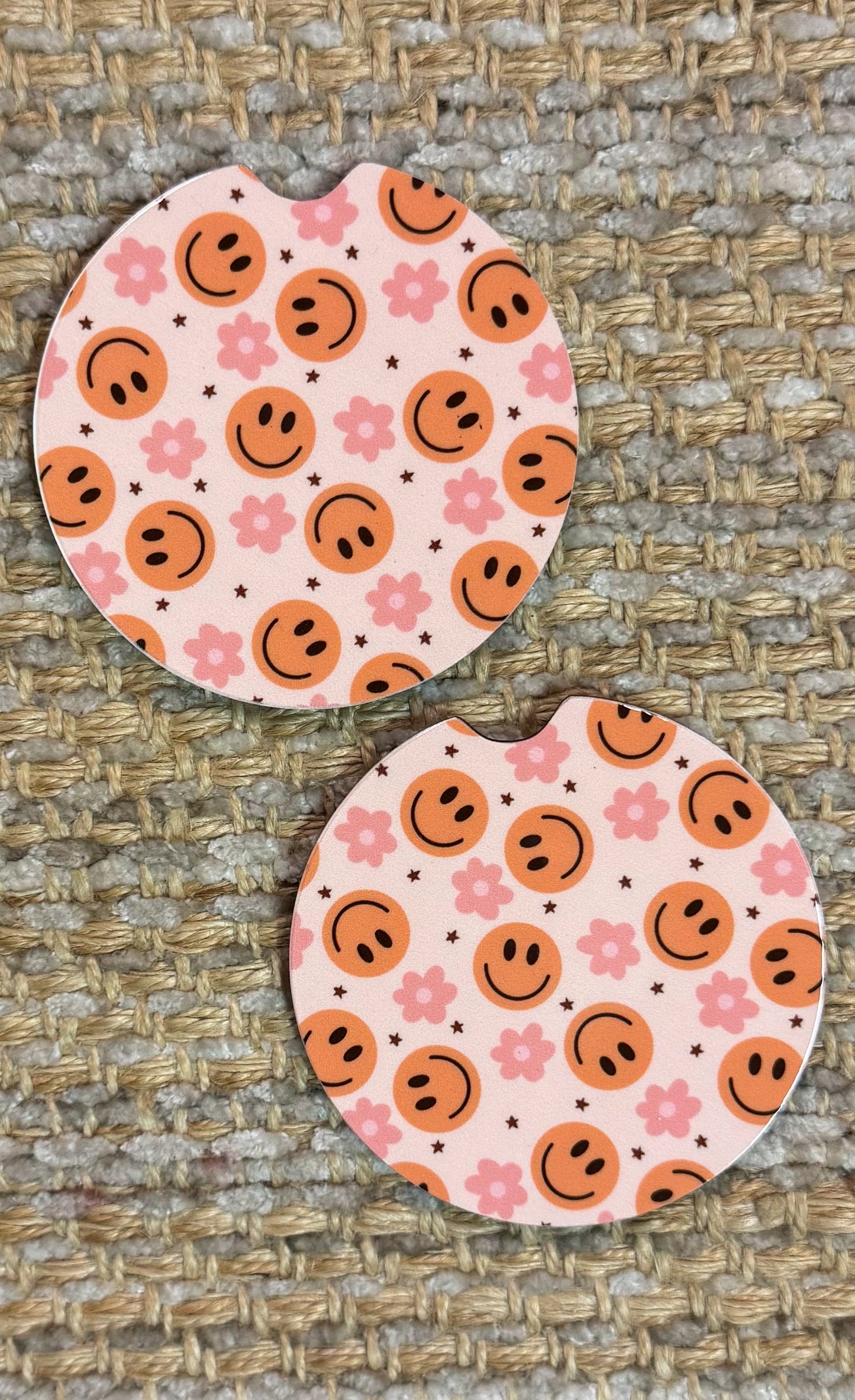 Pink Smileys + Flowers Coaster