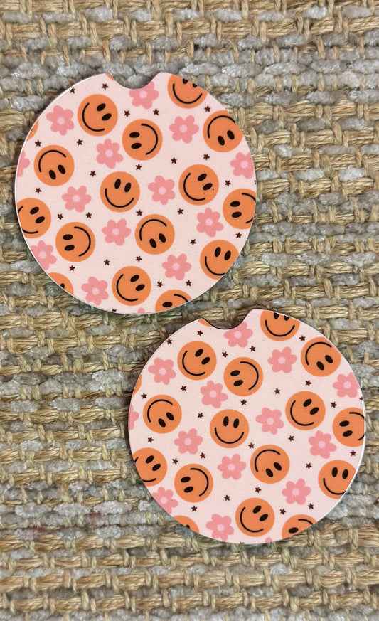 Pink Smileys + Flowers Coaster